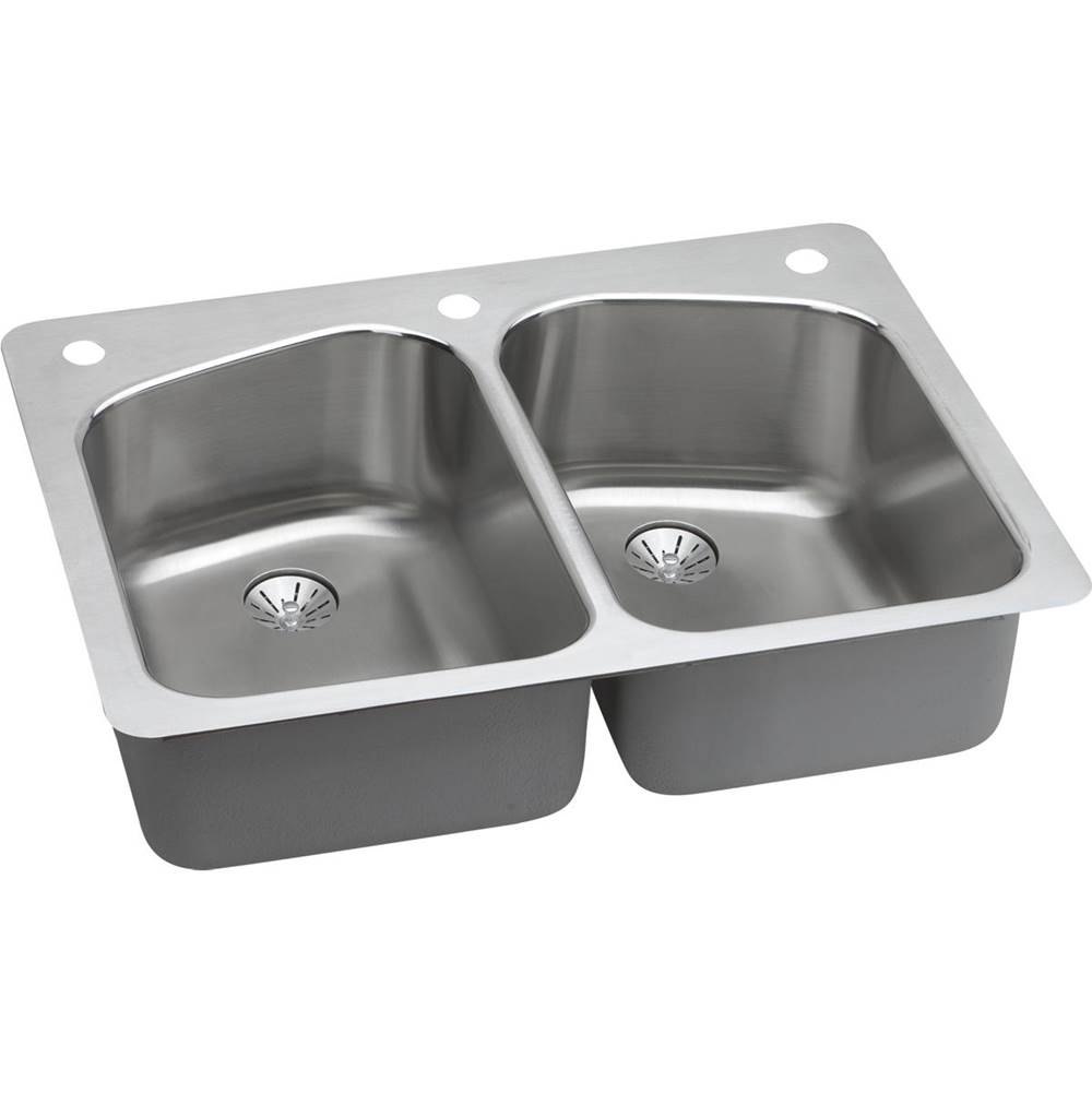 Elkay Lustertone Classic Stainless Steel 33'' x 22'' x 9'', 2R-Hole Equal Double Bowl Dual Mount Sink with Perfect Drain