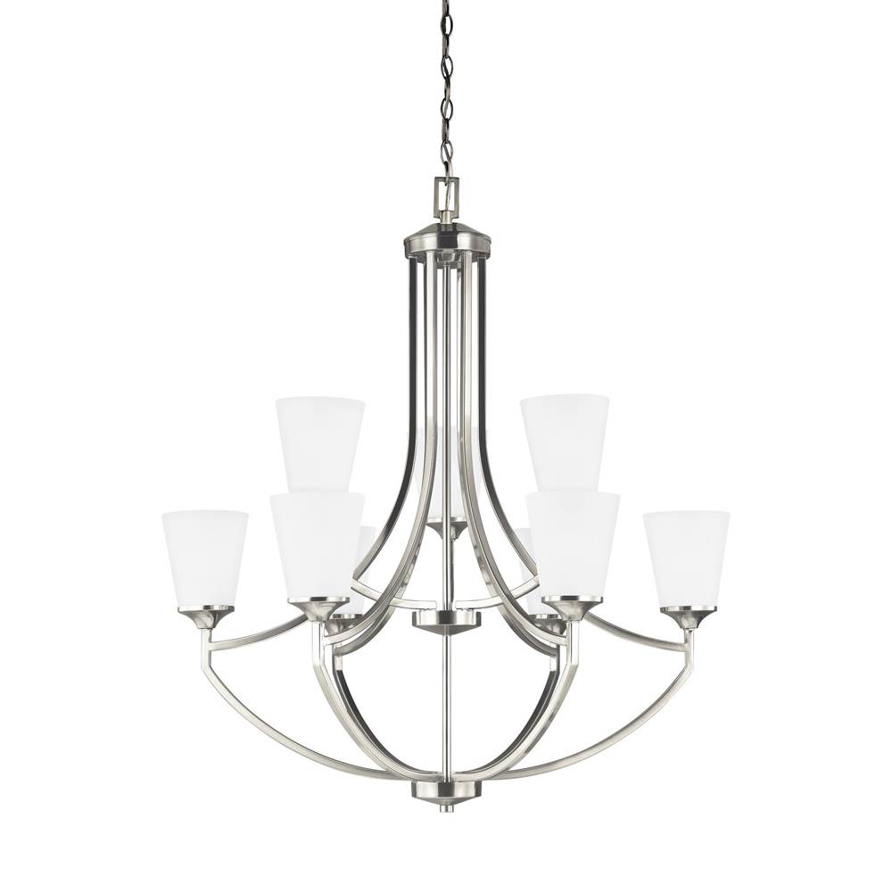 Generation Lighting Hanford Traditional 9-Light Indoor Dimmable Ceiling Chandelier Pendant Light In Brushed Nickel Silver Finish With Satin Etched Glass Shades