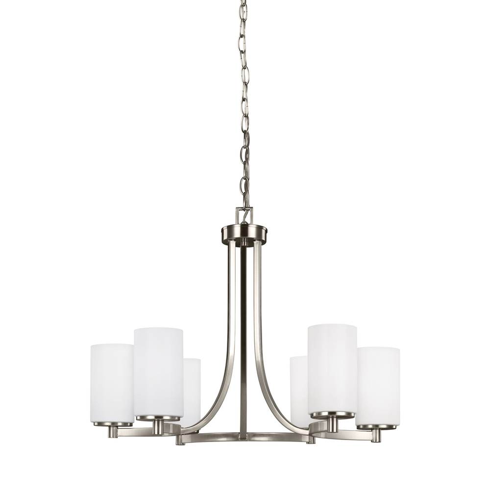 Generation Lighting Hettinger Transitional 6-Light Led Indoor Dimmable Ceiling Chandelier Pendant Light In Brushed Nickel Silver Finish W/Etched White Inside Glass Shades