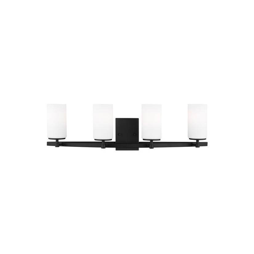 Generation Lighting Alturas Indoor Dimmable 4-Light Wall Bath Sconce Chandelier In A Midnight Black Finish And Etched White Glass Shades