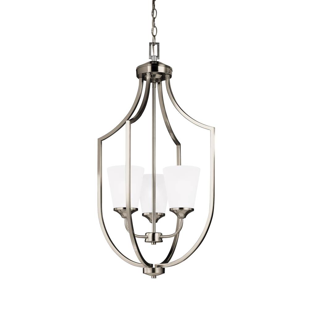 Generation Lighting Hanford Traditional 3-Light Indoor Dimmable Ceiling Pendant Hanging Chandelier Pendant Light In Brushed Nickel Silver W/Satin Etched Glass Shades