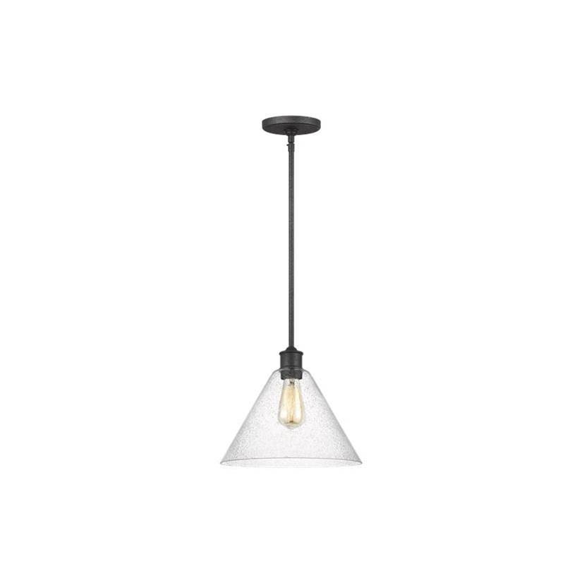 Generation Lighting Belton Transitional 1-Light Indoor Dimmable Ceiling Hanging Single Pendant Light In Midnight Black Finish W/Cone-Shaped Clear Seeded Glass Shade