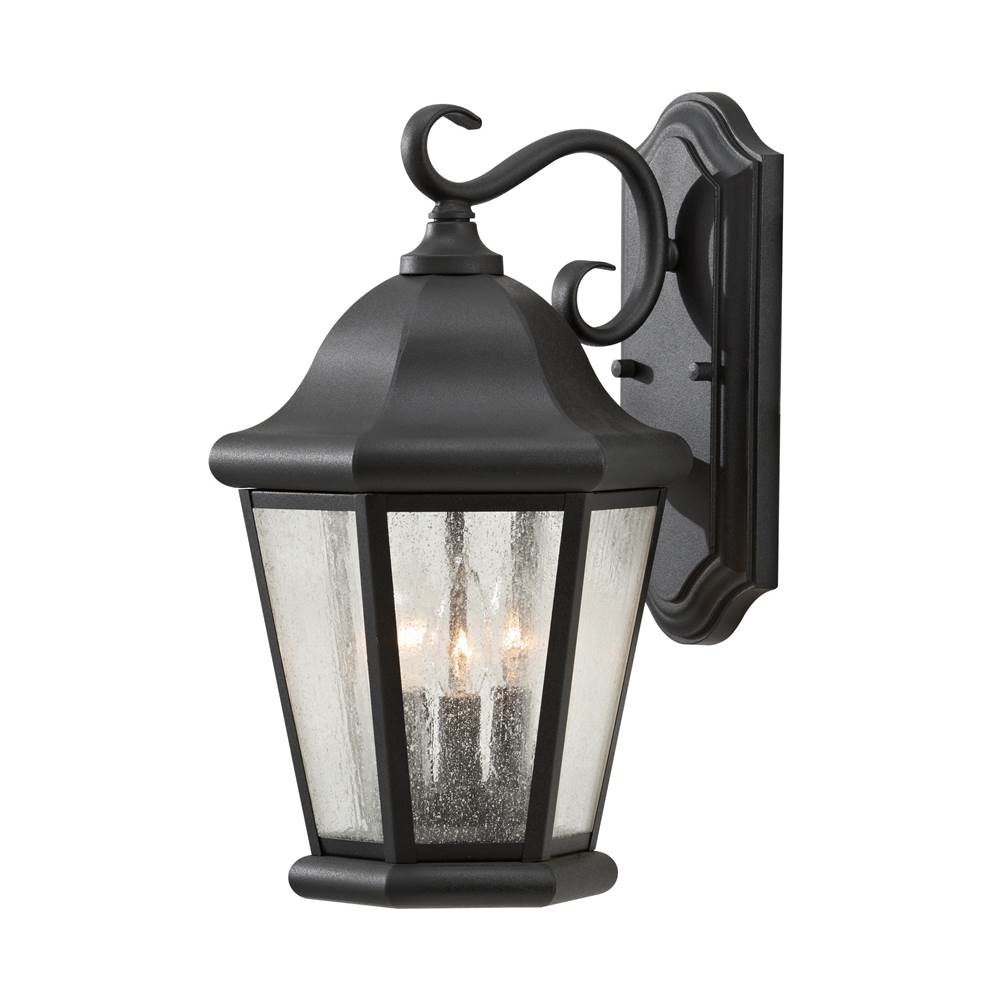 Generation Lighting Martinsville Traditional 3-Light Led Outdoor Exterior Large Wall Lantern Sconce In Black Finish With Clear Seeded Glass Shades
