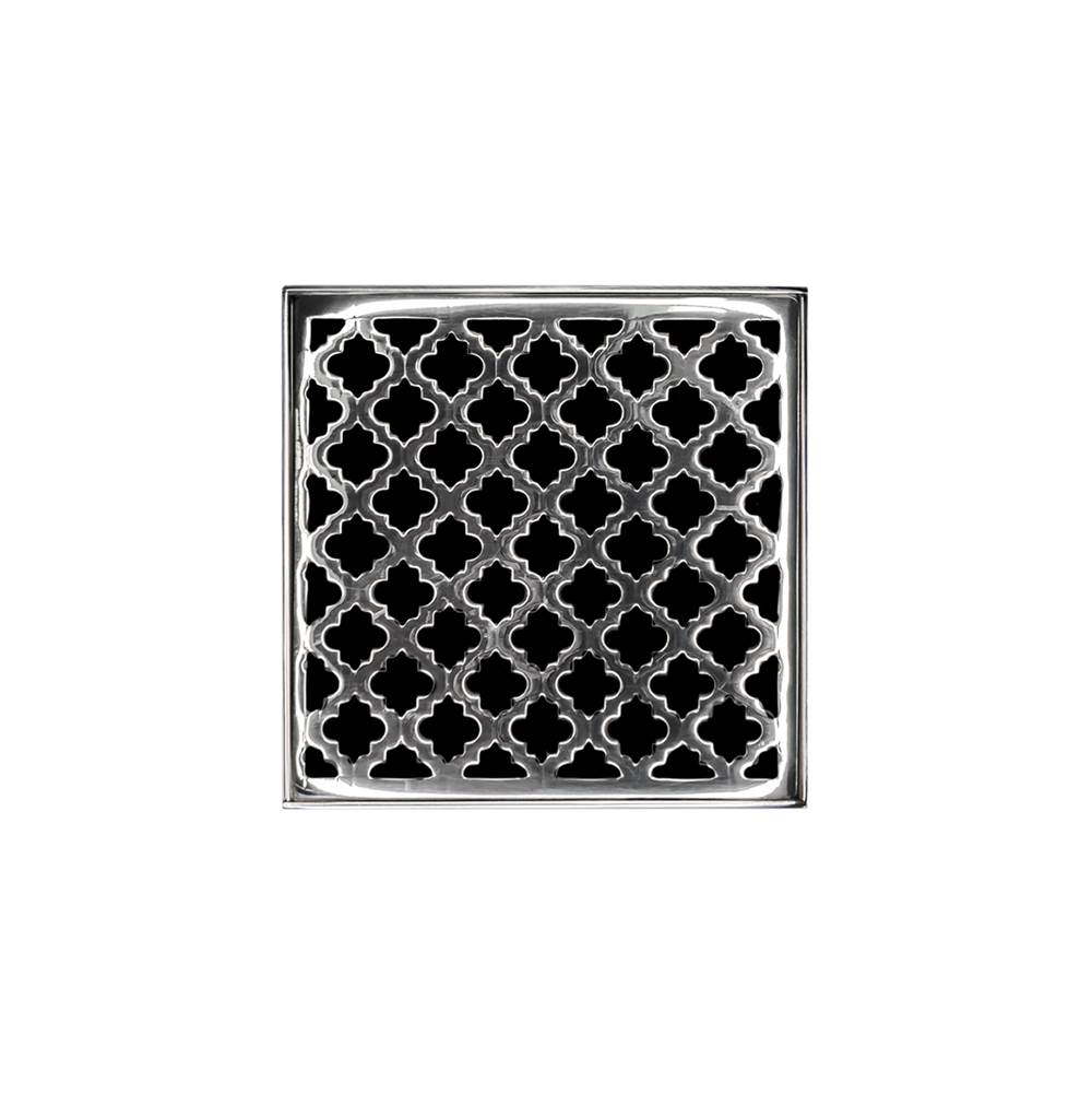Infinity Drain 4'' x 4'' MD 4 Complete Kit with Moor Pattern Decorative Plate in Polished Stainless with PVC Drain Body, 2'' Outlet