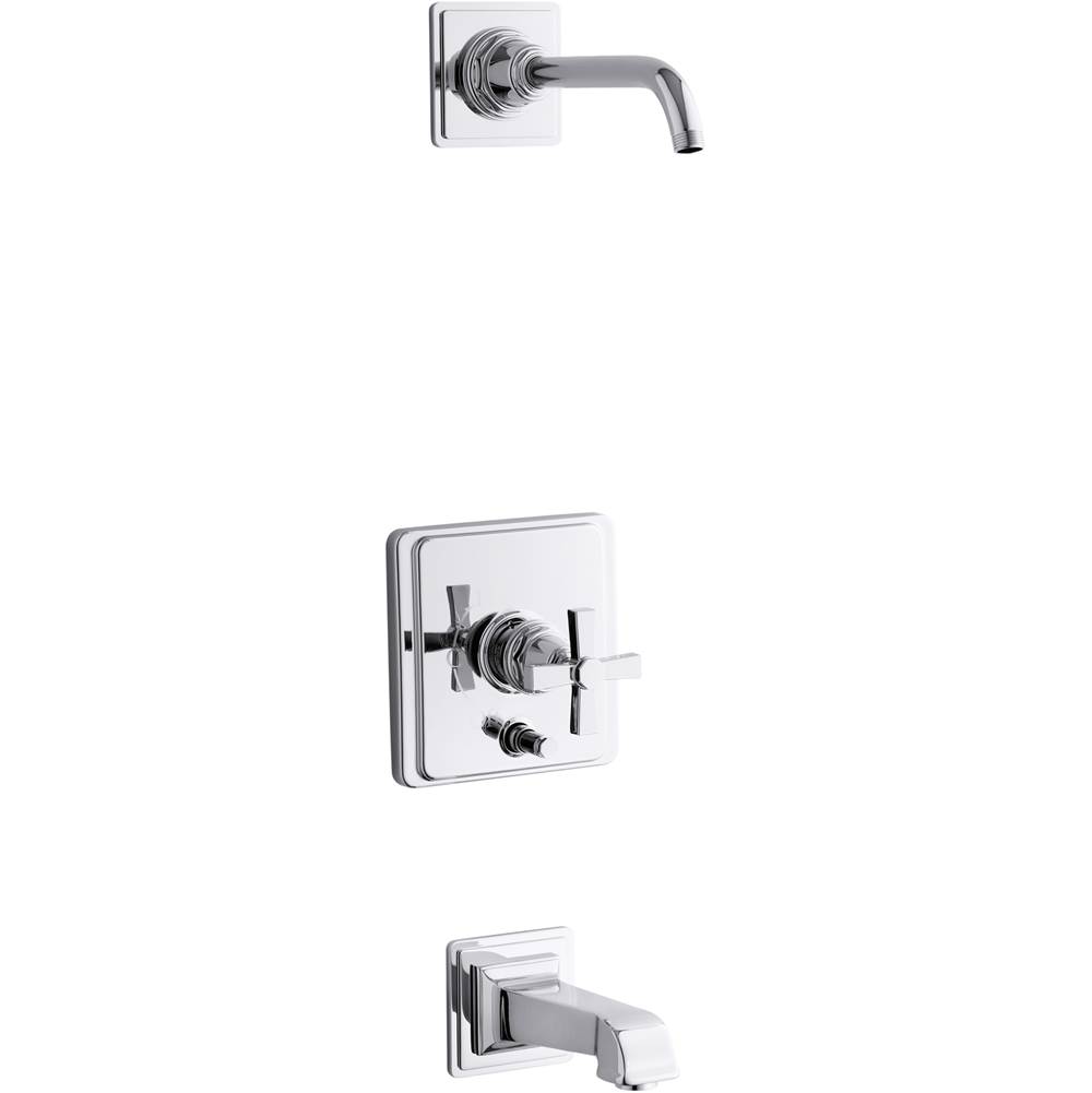 Kohler Pinstripe® Pure Rite-Temp® bath and shower trim set with push-button diverter and cross handle, less showerhead