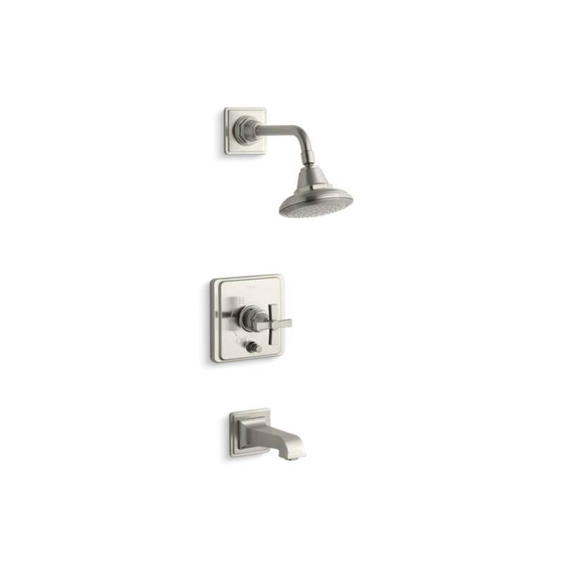 Kohler Pinstripe® Pure Rite-Temp® pressure-balancing bath and shower faucet trim with cross handle, valve not included