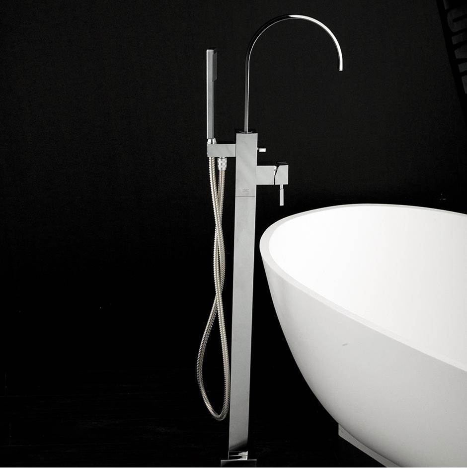 Lacava Floor-standing single-hole tub filler with one lever handle, two-way diverter, and hand-held shower with 59'' flexible hose.