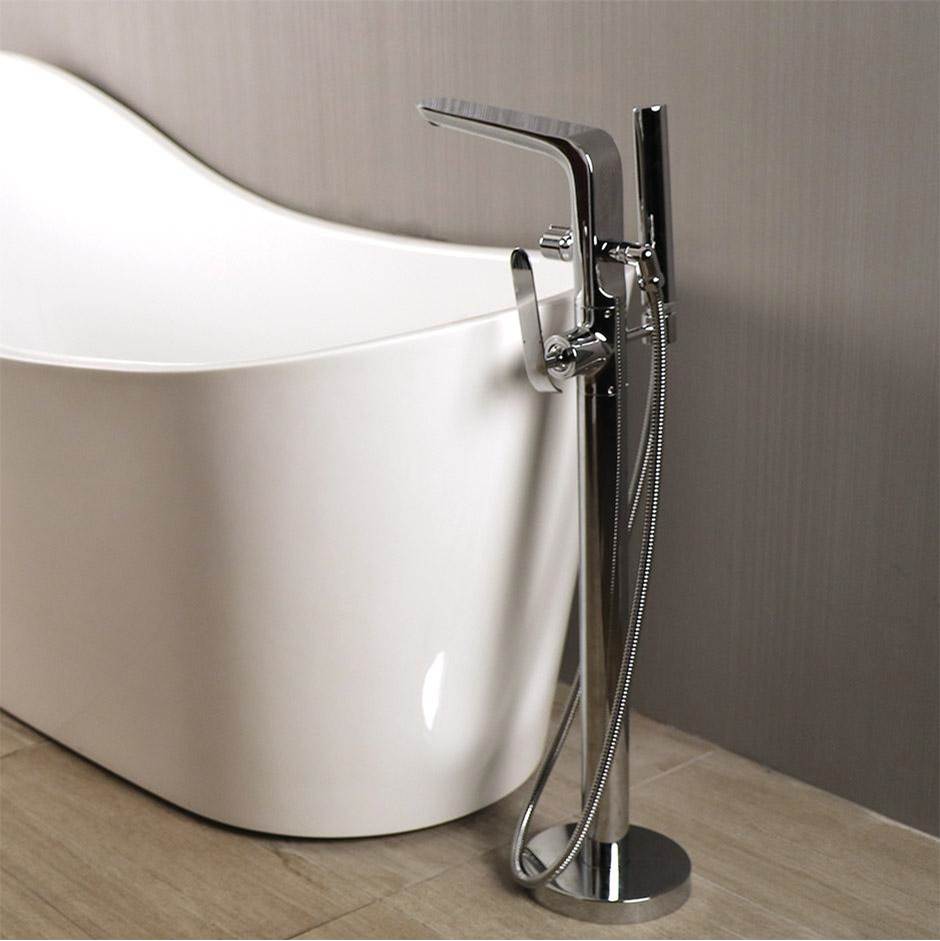 Lacava Floor-standing single-hole tub filler with single lever handle, two-way diverter, and hand-held shower with 59-inch flexible hose.
