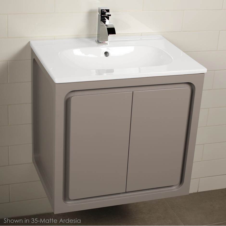 Lacava Wall-mount under-counter vanity with two doors routed for finger pulls. W:23 1/2'', D: 17 5/8'', H: 22''.