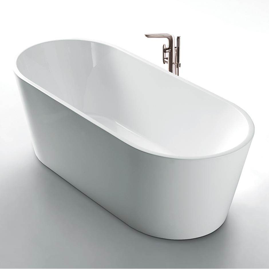 Lacava Free-standing soaking bathtub made of luster white acrylic with an overflow and polished chrome drain, net weight 130 lbs, water capacity 77 gal.