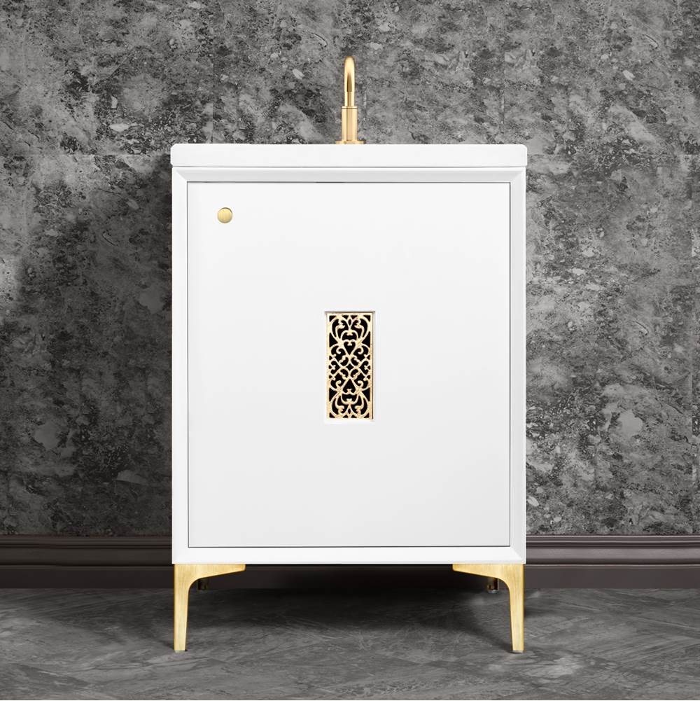 Linkasink Frame 24'' Wide White Vanity with Satin Brass Filigree Grate and Legs, 24'' x 22'' x 33.5'' (without vanity top)