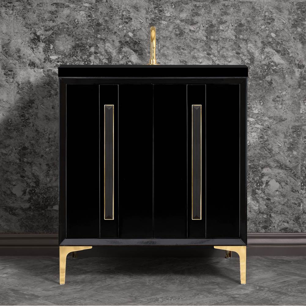 Linkasink TUXEDO with 18'' Artisan Glass Prism Hardware 30'' Wide Vanity, Black, Polished Brass Hardware, 30'' x 22'' x 33.5'' (without vanity top)