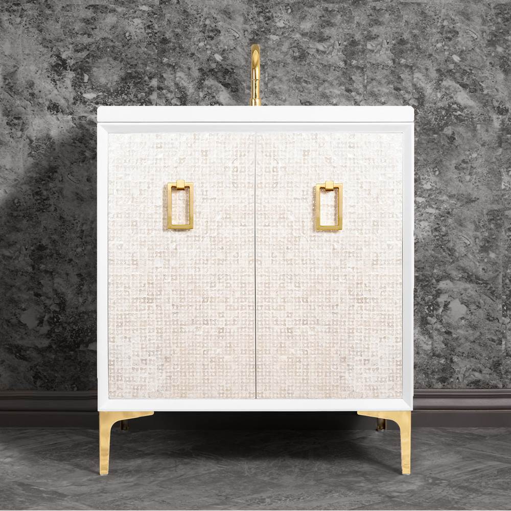 Linkasink Mother of Pearl 30'' Wide White Vanity with Polished Brass Coach Pull and Hardware