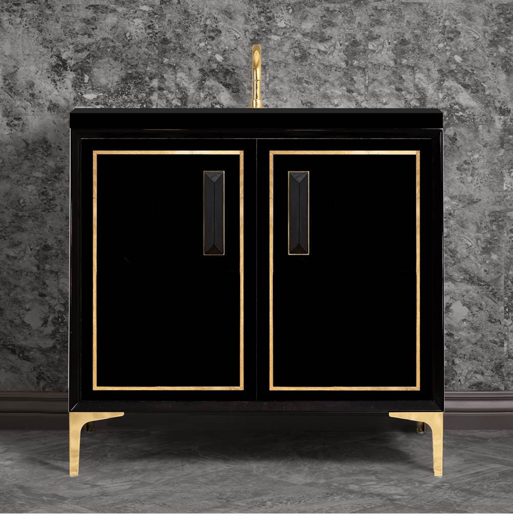 Linkasink LINEA with 8'' Artisan Glass Prism Hardware 36'' Wide Vanity, Black, Polished Brass Hardware, 36'' x 22'' x 33.5'' (without vanity top)