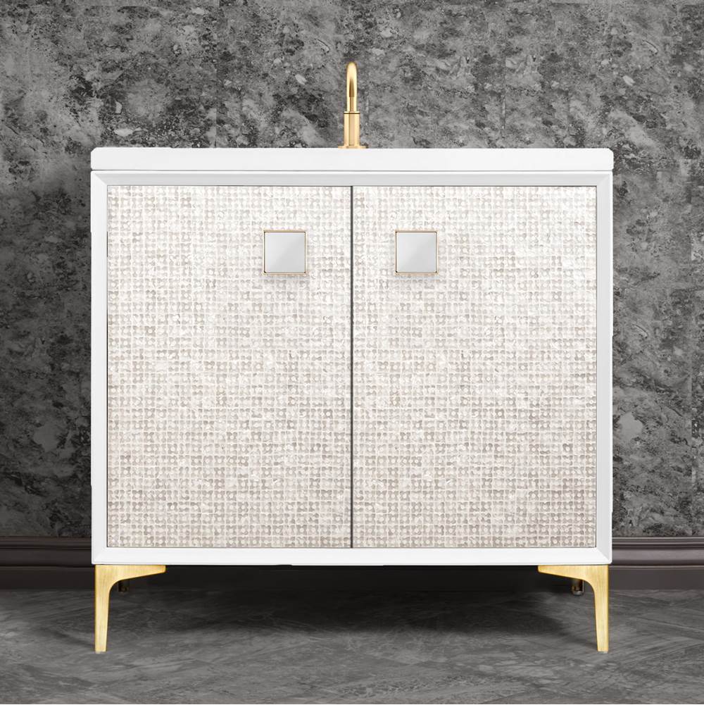 Linkasink MOTHER OF PEARL with 3'' Artisan Glass Prism Hardware 36'' Wide Vanity, White, Satin Brass Hardware, 36'' x 22'' x 33.5'' (without vanity top)