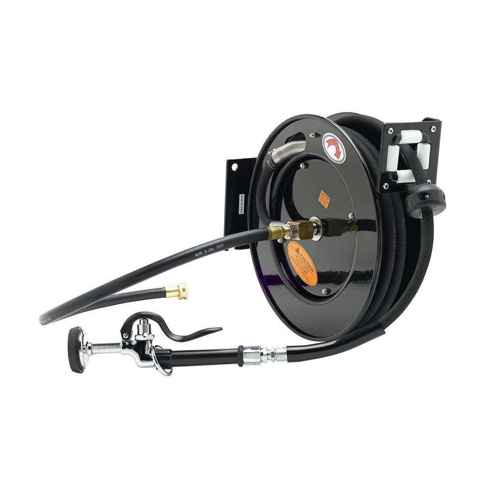 T&S Brass Hose Reel, Open, Powder Coated Steel, 3/8'' x 50' Hose, 5SV-WH, & 3' Hose w/ GH Adapter EQUIP