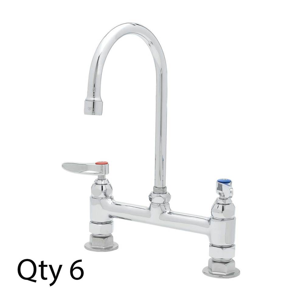 T&S Brass Double Pantry Faucet, Deck Mount, 8'' Centers, Rigid Gooseneck, Lever Handles (Qty. 6)